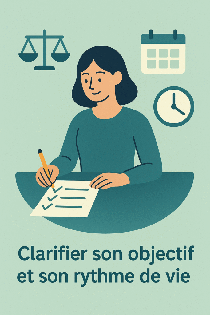 Illustration d’une personne qui planifie ses objectifs de perte de poids avec un carnet, une balance et un calendrier.