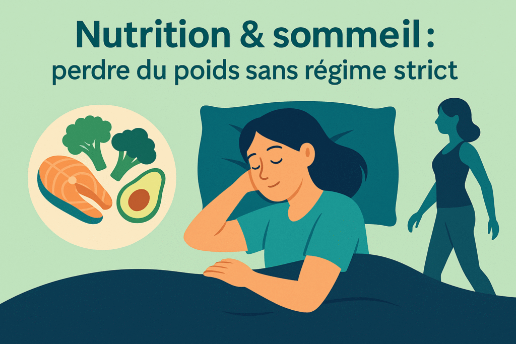 Illustration d’une personne qui dort paisiblement avec une assiette équilibrée pour symboliser la perte de poids sans régime strict grâce au sommeil et à la nutrition.