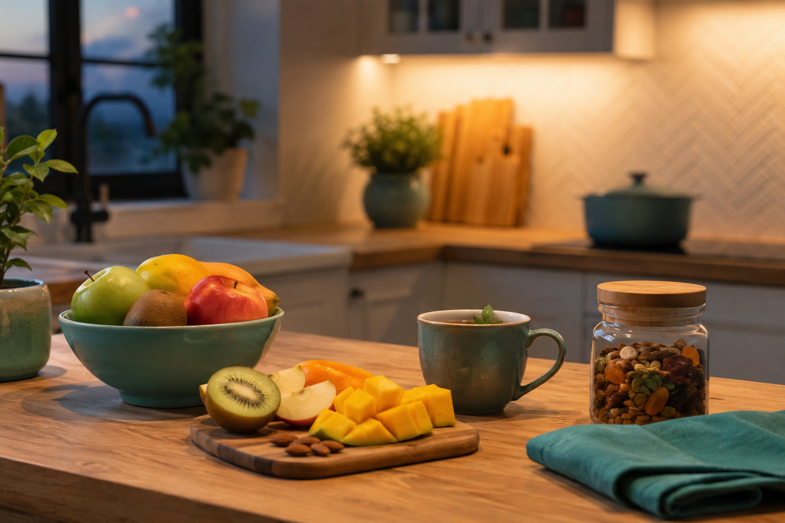 Cuisine rangée Cuisine rangée le soir avec aliments sains visibles et ambiance calme