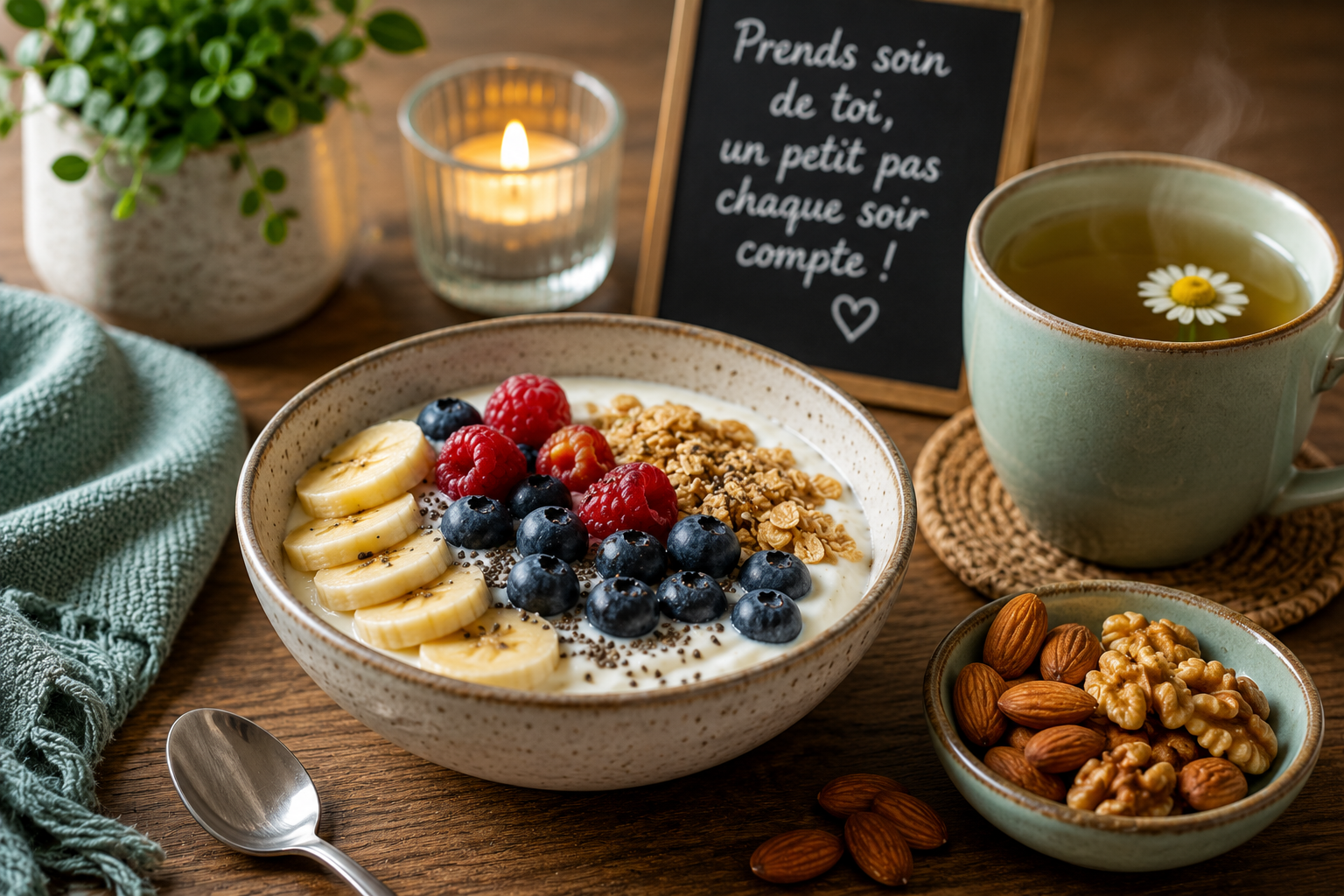 Collation saine Collation saine du soir avec yaourt, fruit et tisane