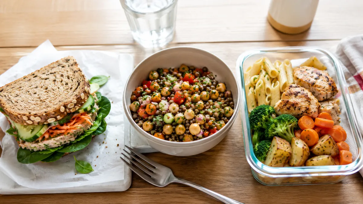 Trois formules de déjeuner avec sandwich complet, salade de légumineuses et plat préparé