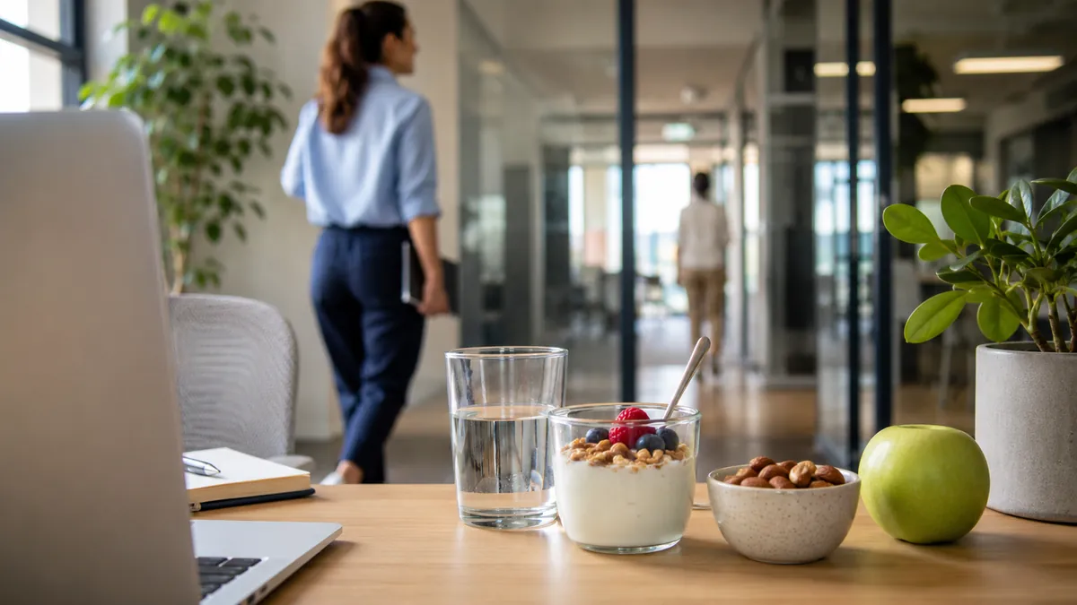 Collation composée de yaourt, fruits, noix et eau sur un bureau lumineux