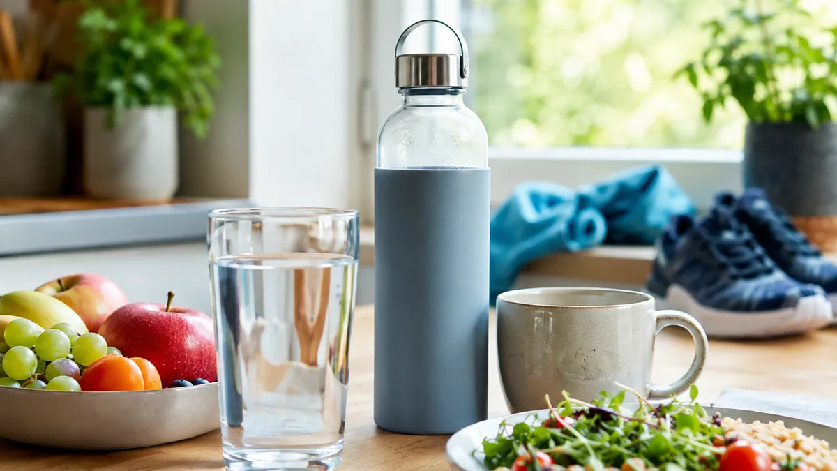 Bouteille et verre d’eau près de fruits, salade et chaussures de sport