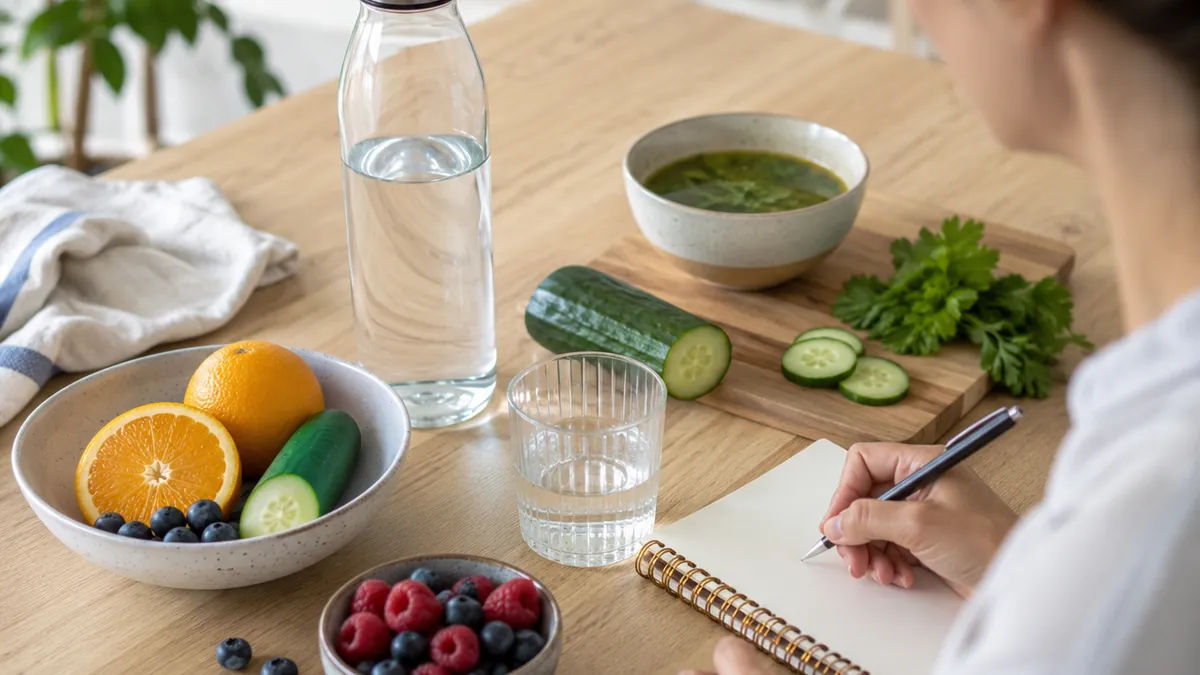 Bouteille d’eau, verre, fruits riches en eau et carnet de suivi