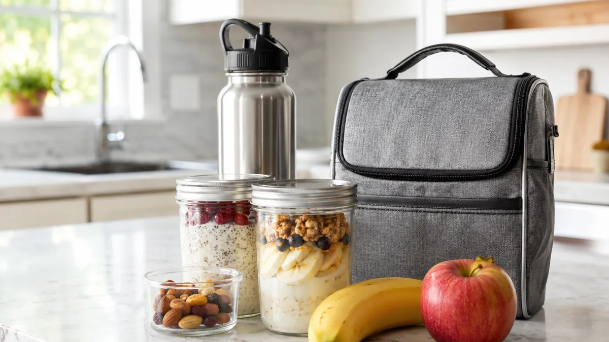 Petit-déjeuner en bocaux avec avoine, yaourt, fruits, noix et sac isotherme