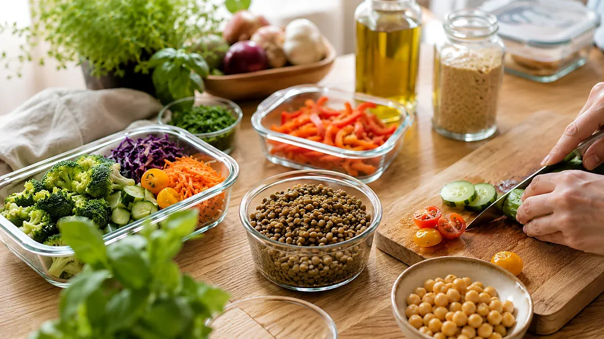Aromates, légumes frais et épices préparés sur un plan de travail